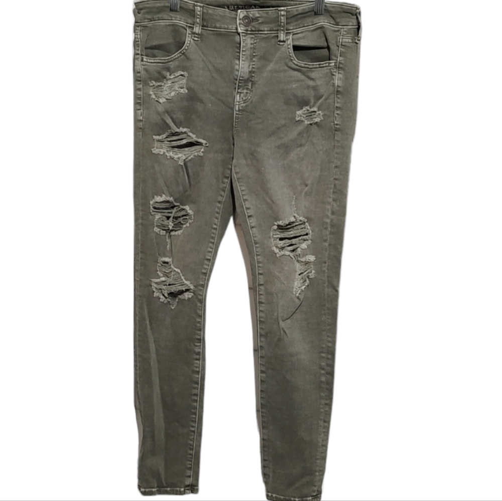 American Eagle Light Green Factory Distressed Skinny Jeans sz 12 Short